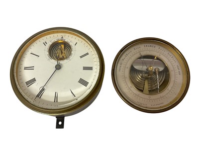 Lot 739 - Late Victorian ships combination wall clock/ Aneroid barometer with white enamel dial with barometer aperture at 12 o'clock in circular anoised brass case 16.7cm diameter and late Victorian Aner...