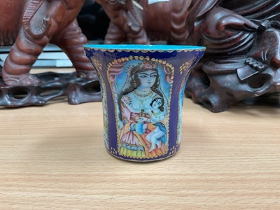 Lot 387 - Persian polychrome-printed enamelled gilt copper Qalyan cup with mother and child portraits