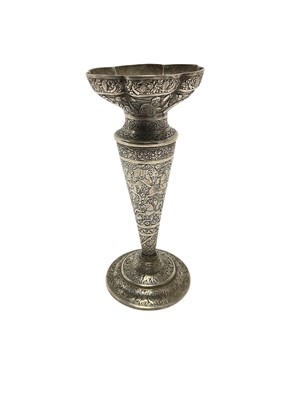 Lot 424 - Persian silver spill vase, with finely engraved decoration of figures on horseback