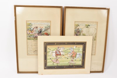 Lot 764 - Pair of Persian Qajar painted manuscript pages, framed, and one other loose
