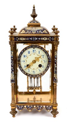 Lot 733 - Good quality Early 20th century French champlevé enamel inlaid gilt brass four glass mantel clock with French movement and mercury adjustable pendulum, 35.5cm