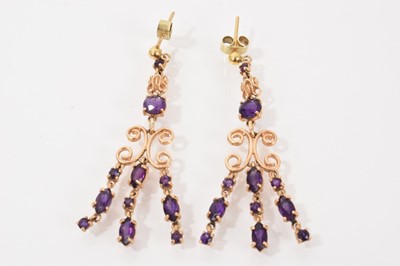 Lot 673 - Pair of Victorian style 14ct gold and amethyst pendant earrings