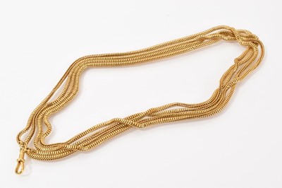 Lot 675 - Victorian yellow metal snake link guard chain, applied plaque ’9’