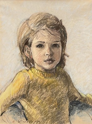 Lot 1293 - Joseph Plaskett (1918-2014) pastel portrait of a child, Alix Crean, aged 7, signed and dated 1974, 42cm x 32cm, together with a pencil sketch of David Crean, signed and inscribed, 36cm square, b...