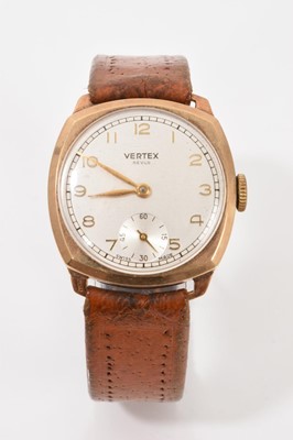 Lot 685 - Gentlemen's Vertex Revue 9ct gold wristwatch in cushion-shape case on leather strap