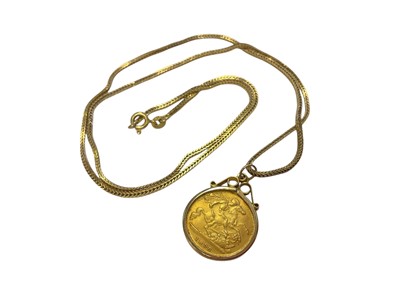 Lot 197 - Victorian gold half sovereign, 1896, in 9ct gold pendant mount on 9ct gold chain, 56.5cm long