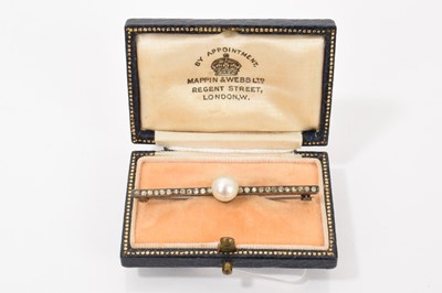 Lot 677 - Edwardian cultured pearl and diamond bar brooch