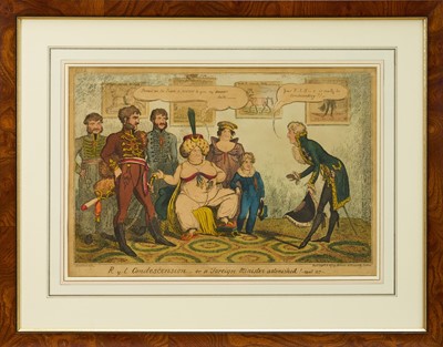 Lot 994 - George Cruikshank (1789-1856) hand coloured etching - 'Royal Condescension', published Sept. 15th 1817 by S. W. Fores, BM 12890, 26.5cm x 39cm, in glazed frame