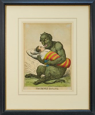 Lot 997 - Thomas Rowlandson (1756-1827) hand coloured etching - 'The Devils Darling', published March 12th 1814 by Ackermann, BM 12196, 33cm x 24cm, in glazed frame