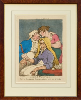 Lot 998 - Thomas Rowlandson (1756-1827) hand coloured etching - 'Medical Dispatch or Doctor Doubledose Killing Two Birds With One Stone', 1810, BM 11638, 35cm x 26cm, in glazed frame