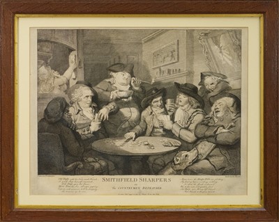 Lot 1002 - Thomas Rowlandson (1756-1827) black and white etching - 'Smithfield Sharpers', published April 10th 1787 by Read, 35cm x 45cm, in glazed frame. (The card playing Sharper is a portrait of Rowland...