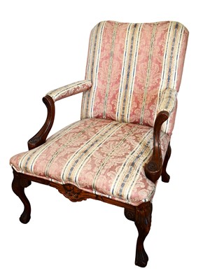 Lot 1544 - 18th century style walnut Gainsborough armchair, with pad upholstered square back and seat on carved cabriole legs and claw and ball feet