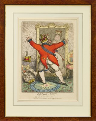 Lot 1005 - Robert Cruikshank (1789-1856) hand coloured etching - 'Reflection, To be or not to be?', published Feb. 11th 1820, BM 13661, 35.5cm x 25cm, in glazed frame