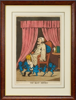 Lot 1006 - Richard Newton (1777-1798) hand coloured etching - 'The Blue Devils', published Feb. 10th 1795 by W. Holland, BM 8745, 38.5cm x 25cm, in glazed frame
