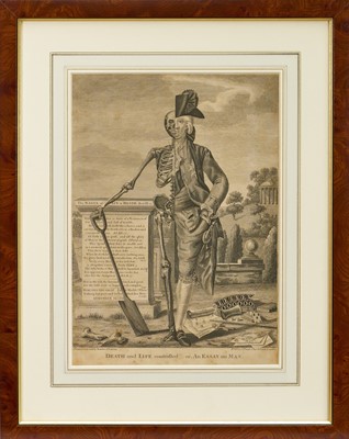 Lot 1012 - Robert Dighton (1752-1814) etching - 'Death and Life Contrasted', 1784, BM 3792, 35cm x 24.4cm, M. Darly etching - 'Macaronies Drawn After The Life', published 1772, 18cm x 24cm and M. Darly 'Th...