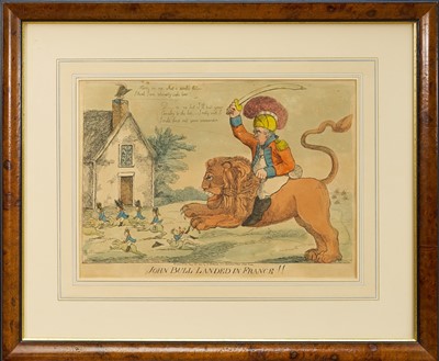 Lot 1014 - Early 19th century hand coloured etching - 'John Bull Landed In France!!', published Aug. 29th 1803, BM 10078, 25cm x 35cm, together with another 'War in the East against the Cats, By Napoleon T...