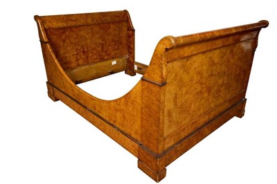 Lot 1524 - 19th century Continental finely figured burr walnut sleigh bed, one side with bowed frame, approximately 128cm wide x 220cm long (external measurements), purchased from Pillows of Bond Street, 2...