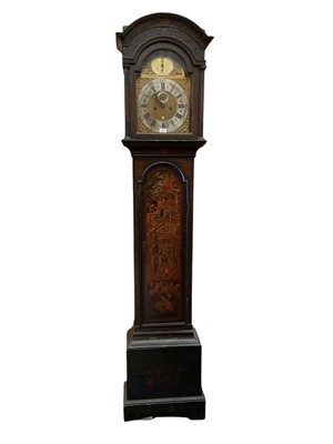 Lot 724 - George III 8 day longcase clock by Robert Rouch, Bristol with gilt and silvered arched dial in fine green chinoiserie lacquered case, pendulum, two weights and key present. 230cm high