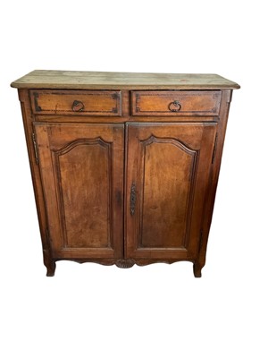 Lot 1554 - 18th century French provincial fruitwood cupboard with two drawers, herringbone inlay, and two fielded panelled doors with scroll feet.