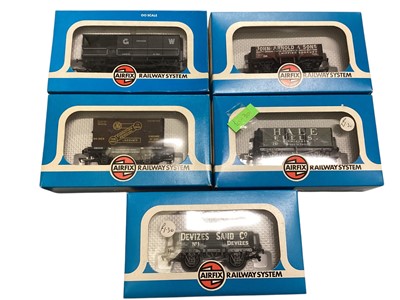Lot 1893 - Railway OO Gauge rolling stock including Airfix 5 Plank Wagons Devizes Sand 54374-5 & John Arnold & Sons 54376-1, 7 Plank Wagon Hale Fuels 54383-9, GWR Conflate & Container 54331-8 a...