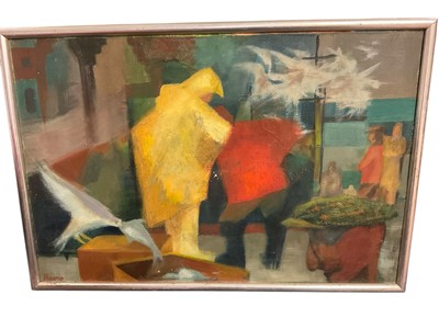 Lot 175 - Kemp (20th century) oil on canvas, fish market, signed, 49 x 75cm, framed