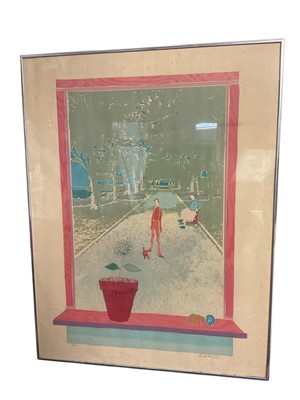 Lot 176 - 20th century limited edition print, view through a window, numbered 67/100, indistinctly signed and with blind stamp, 75 x 58cm, glazed frame