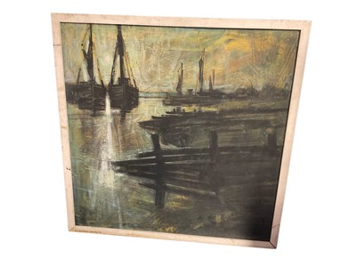 Lot 172 - Brian Roll, oil on board 'Sun twixt boats' 1967, 56 x 58cm, framed