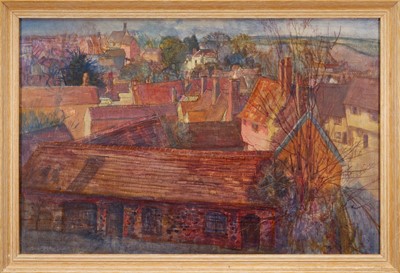 Lot 915 - *Mary Millar Watt (1924-2023) oil on canvas - Lavenham Rooftops, signed, 51cm x 76cm, framed