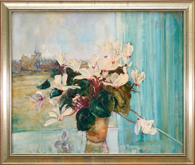 Lot 916 - *Amy Millar Watt (1900-1956) oil on canvas laid on board - Still Life Cyclamen, 62cm x 75cm, framed