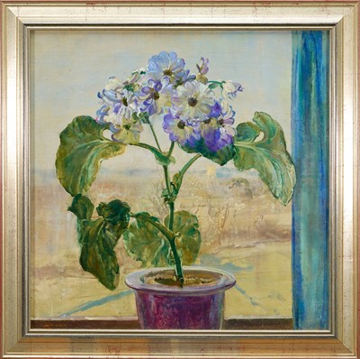 Lot 911 - *Amy Millar Watt (1900-1956) oil on canvas laid down onto board, Cinararia on a window sill, Dedham church beyond