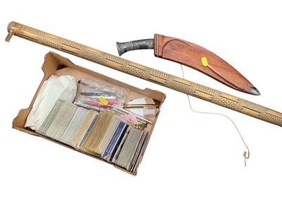 Lot 190 - Kukri knife, tribal bamboo baton holder, vintage cards and pens etc