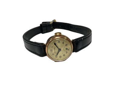 Lot 233 - Anker 9ct gold Rolex case ladies wristwatch on black leather strap