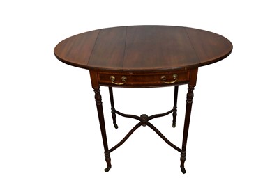 Lot 1456 - Edwardian mahogany and satinwood crossbanded Pembroke table with single drawer, on turned and tapered legs and castors