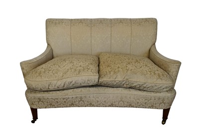 Lot 1458 - Edwardian twin seater sofa with serpentine front, on square taper legs and castors