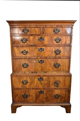 Lot 1460 - George I / II and later walnut chest on chest with an arrangement of two short over five long drawers, on bracket feet