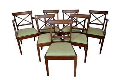 Lot 1465 - Set of seven Edwardian inlaid mahogany dining chairs with X-formed splat, on square taper legs