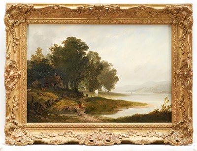Lot 1166 - R. K. Greville, mid 19th century, oil on board - Extensive Lake View, signed, in gilt frame
