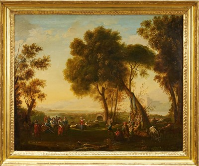 Lot 1190 - Follower of Claude Lorraine (1600-1682) oil on canvas - Figures gathered in woodland, an extensive landscape beyond