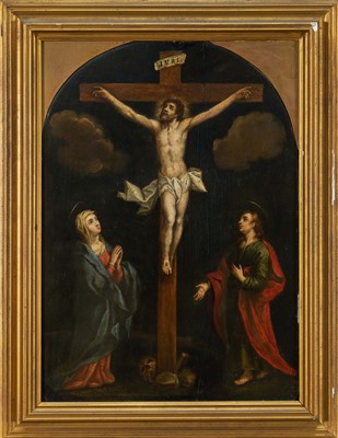 Lot 1161 - Italian School, 19th century, oil on arched panel, possibly alabaster - The Crucifixion, 40cm x 28cm, in gilt frame