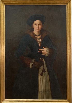 Lot 1184 - 17th/18th century School, oil on canvas - Portrait of an Elegant Renaissance Lady, three-quarter length, indistinctly inscribed verso