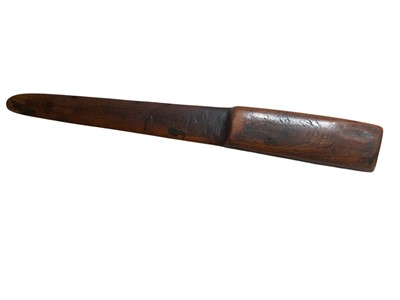Lot 161 - 19th century treen fruitwood paper knife, inscribed in ink with initials and dated 1869