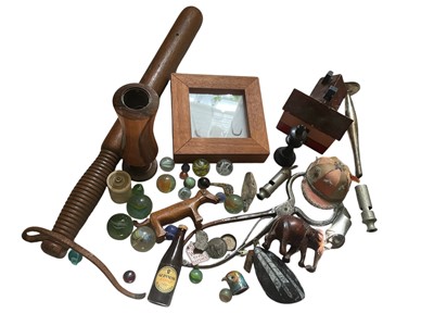 Lot 213 - Various works of art and treen including Roman fish hooks, marbles, Georgian steel sugar nips, treen, sundries.