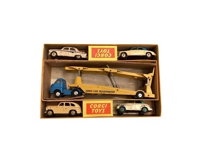 Lot 1503 - Corgi Major Toys Carrimore Car Transporter with four replacement Cars, boxed Gift Set No.1 & Car Transporter with Ford Tilt Cab "H" Series Tractor, boxed (poor) No.1138 (2)