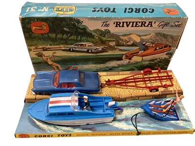 Lot 1562 - Corgi Toys The Riviera Gift Set including Buick Riviera with Boat & Captain, Trailer and Water Skier, boxed (poor) (1)