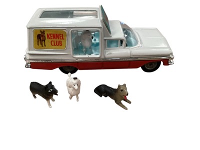 Lot 1570 - Corgi Toys Kennel Service Wagon (based on the Chevrolet Impala) with four dogs (two poodles - sitting mongrel missing), two boxes No.486, plus Rice's Beaufort Double Horse Box (no horses), boxed...
