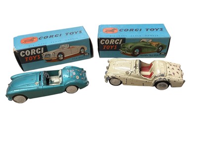 Lot 1574 - Corgi Toys Vauxhall Velox Saloon No.203, MGA Sports Car No.302, Triumph TR2 Sports Cars on trailer No.301, Jaguar 2.4 litre Saloon No.208, Rover 90 Saloon No.204 (x2), Ford Consul No.200, Hillma...