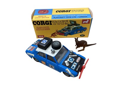 Lot 1580 - Corgi Toys Hillman London to Sydney Marathon Winner No.302, Aston Martin DB4 Competition Model No.309, Rover 2000 Monte Carlo trim No.322 & Proteus Campbell Bluebird No.153 (x2), plus repro...