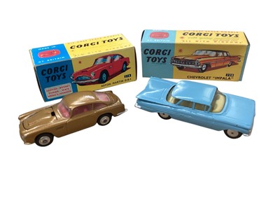 Lot 1583 - Corgi Toys Aston Martin DB4 No.218, Chevrolet Impala No.220, Triumph Herald Coupe No.231 (x2), Jaguar 2.4 litre Saloon No.208, Rover 2000, Hillman Husky No.206 & Hillman Imp No.251, plus six...