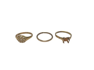 Lot 215 - Antique 18ct gold diamond cluster ring, 9ct gold wedding band, and a yellow metal ring (lacking stone)