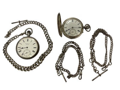 Lot 218 - Victorian silver cased full hunter pocket watch, J.W. Benson silver cased pocket watch, and three silver watch chains